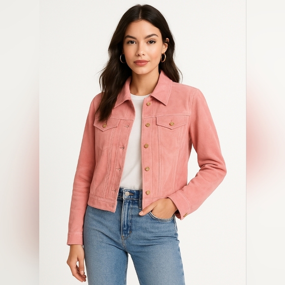 VTG St John Sport by Marie Faux Suede Button Jacket Gold Hardware Pink Orange - Picture 1 of 12